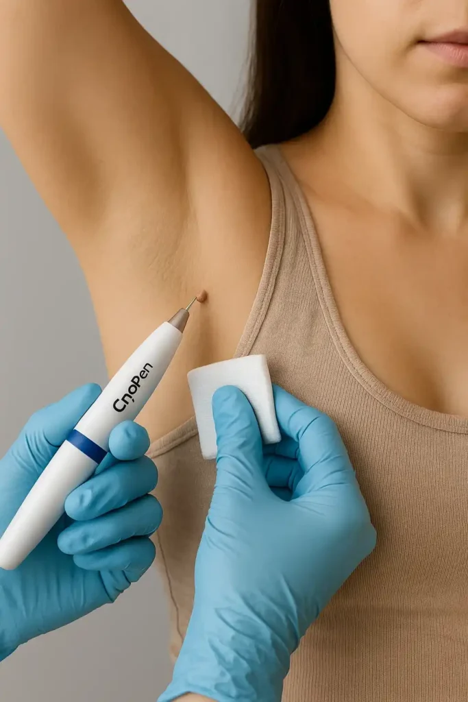 woman having cryopen to remove underarm skin tags Romford