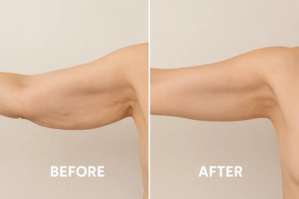 Picture of LA LIPO Romford before and after results of skin tightening treatment on the upper arms.