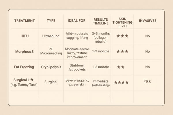 Table showing the comparisons of Skin tightening Romford treatment options.